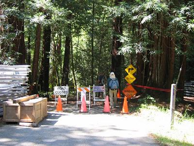 hiker standing among Road Closed and other caution signs and construction materials